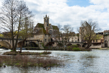 Scenic view of Moret-sur-Loing medieval and impressionist town in Ile-de-France listed among the Most Beautiful Detours of France, only one hour from Paris. French travel background.