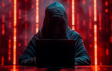 Hacker in front of his computer committing digital cybercrime.1