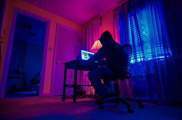 Hacker in front of his computer committing digital cybercrime.4 - obrazy, fototapety, plakaty