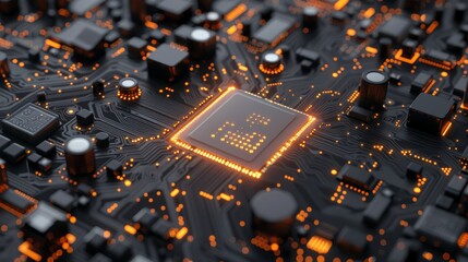 AGI - artificial general intelligence - microchip on black circuit board with orange glow --ar 16:9 Job ID: 818e8ad1-8822-46b2-9a6a-e29cca08a0eb