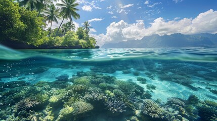 palm island blue transparent sea - obrazy, fototapety, plakaty
