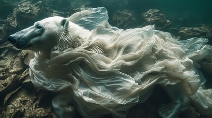  A white polar bear resting atop a rocky mound submerged in water, adorned with a trailing dress - obrazy, fototapety, plakaty