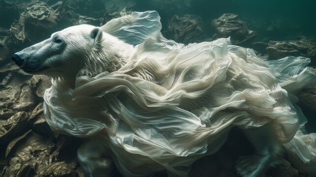  A white polar bear resting atop a rocky mound submerged in water, adorned with a trailing dress