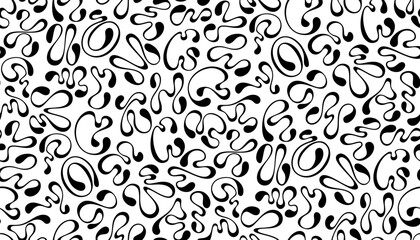Seamless pattern with flowing Y2K fluid letters, swirling black characters and droplet details on white, ideal for retro-modern design - obrazy, fototapety, plakaty