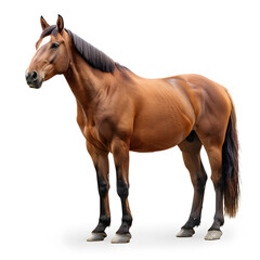 A sorrel horse, a working animal and livestock, with a mane, standing on a white background. It is a terrestrial animal and can be used as a pack animal or as a toy animal figure