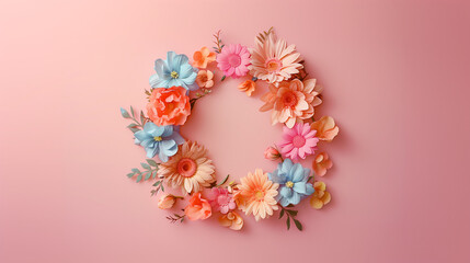 Fototapeta na wymiar Wreath of flowers, flat lay, pastel colors, copy space