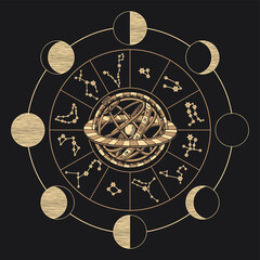 Vector circle of the Zodiac signs with constellations, moon phases and Ptolemaic Geocentric System on a black background. Hand-drawn illustration in vintage style on an astrological theme
