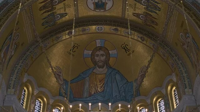Orthodox Church Saint Sava Interior with mosaic decorations and Jesus Christ icon in Belgrade, Serbia. Christian background