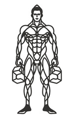 red white black modern style minimalist lines of a strong muscle pose strong body builder anatomy man at gym with bundle Doing exercises in all body positions using different gym equipment