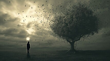Man Standing Near Tree With Birds Flying Generative AI - obrazy, fototapety, plakaty