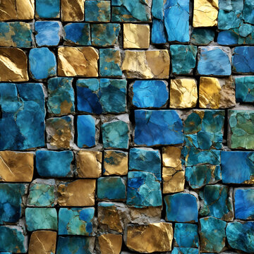 Background stone wall pattern tile mosaic design wallpaper abstract texture blue, green, gold luxury