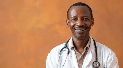 Smiling male doctor in front of orange textured background. Healthcare professional portrait with a...