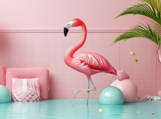 Pink Flamingo Standing by Pool Generative AI
