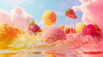 Sorbet scoops suspended in a refreshing dynamic summer dessert layout. - obrazy, fototapety, plakaty