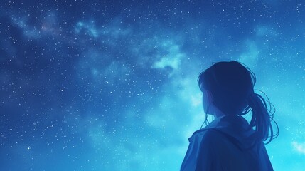 Naklejka premium Young girl in silhouette gazing at a captivating blue star-filled sky