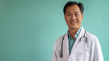 Smiling Asian male doctor with stethoscope against teal background. Studio portrait. Healthcare and medical professionals concept.
