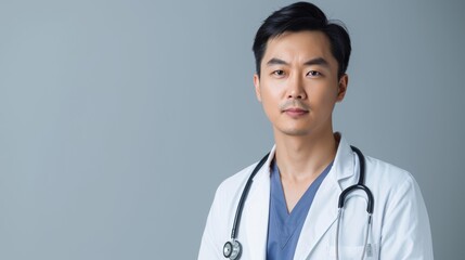Serious Asian male doctor with stethoscope against plain background. Close-up portrait. Healthcare and medical professionals concept