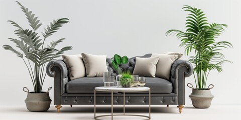 Stylish isolated on white interior concept with leather fabric sofa and green home plants, modern table with home decor. Interior mockup. Generative AI
