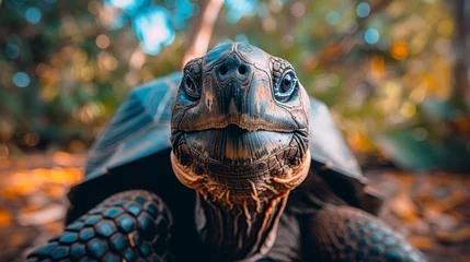 Foto op Canvas  A tortoise up-close on the ground amidst trees and fallen leaves © Janis