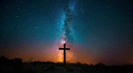 Foto op Canvas Cross in Field Under Night Sky © ArtCookStudio