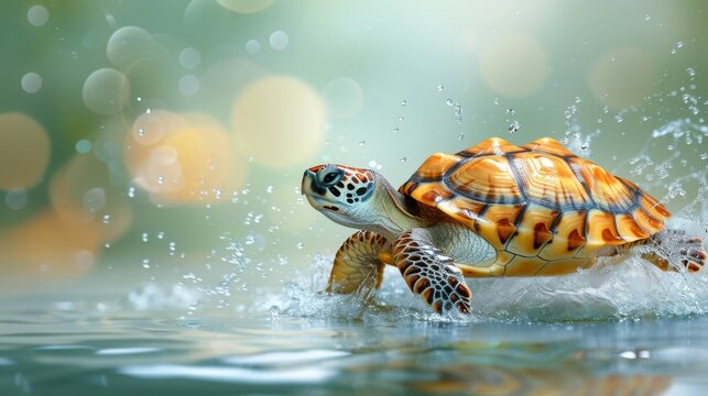  A detailed picture of a turtle submerged in water, with droplets splattering its shell and head peeking above