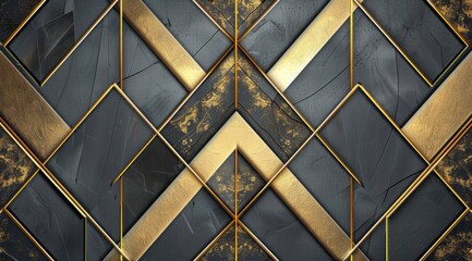 A geometric pattern of lines and triangles in gold on grey, creating an intricate design with symmetry and balance Generative AI