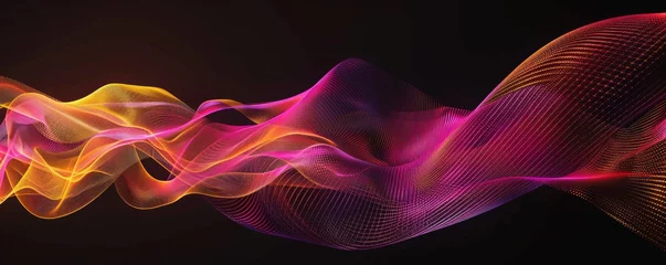 Fotobehang Magical neon swirl of yellow and pink striped waves on a black background, creating a captivating abstract. © vadymstock