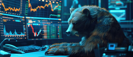 Bear stock trading investor, trader analyzing finance charts as concept of stock exchange market fall, global recession, falling economy, financial crisis, inflation, volatility. Bearish stock market. - obrazy, fototapety, plakaty