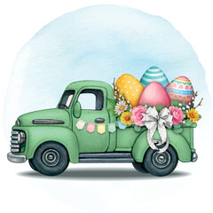 watercolor hand drawn vitage truck with easter eggs
