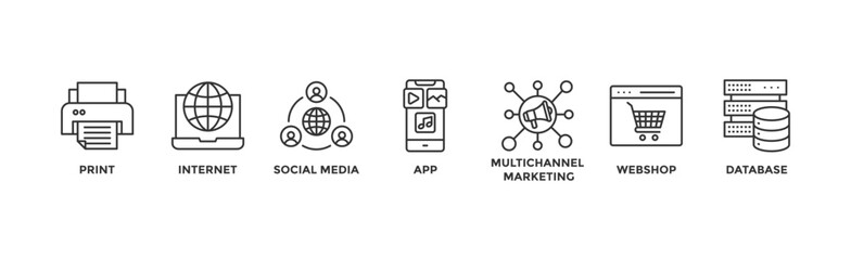 Cross media banner web icon vector illustration concept with icon of print, internet, social media, app, multichannel marketing, webshop and database	