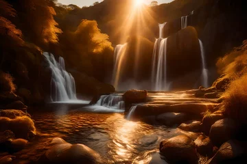 Wandcirkels tuinposter A magical scene of a waterfall illuminated by the soft glow of a setting sun, casting a warm golden light over the surrounding landscape © Momina