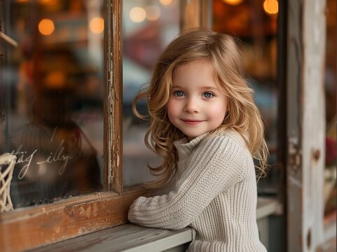High resolution photos of a beautiful little girl posing in front of a store window. Full-frame style that highlights and conveys genuine emotion.