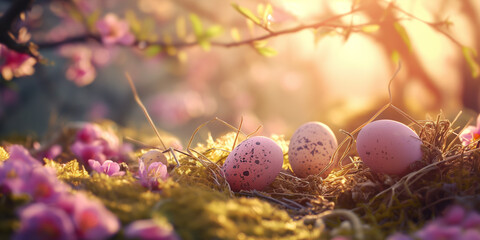 pink easter eggs lying in the grass in the rays of the morning sun in the blooming garden