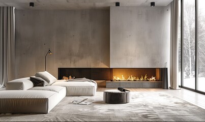 Cozy stylish minimalistic interior with fireplace