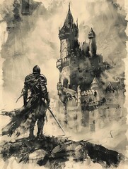 Knight near the castle. Vintage background.