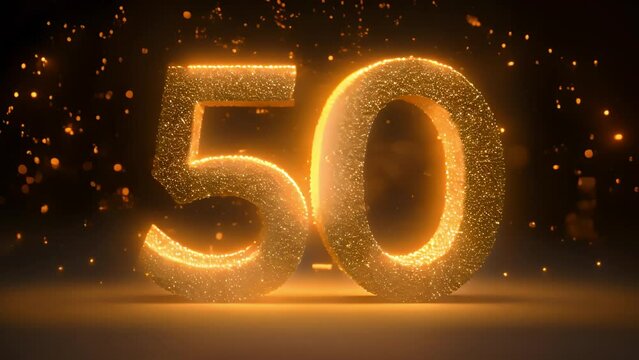Golden number 50 from particles, numbering, fifty, golden numbers with sparkling lights. Celebration,festive,Happy birthday design. Fiftieth number,anniversary on black background party design
