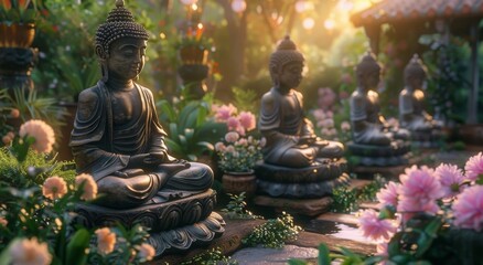 Group of Buddha Statues Sitting on Lush Green Field