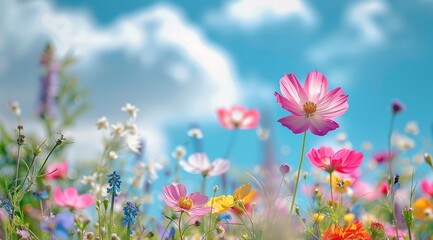 Obraz na płótnie Canvas Bursting Field of Colorful Flowers Under Blue Sky