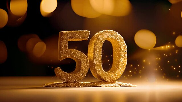 Golden number 50 from particles, numbering, fifty, golden numbers with sparkling lights. Celebration,festive,Happy birthday design. Fiftieth number,anniversary on black background party design