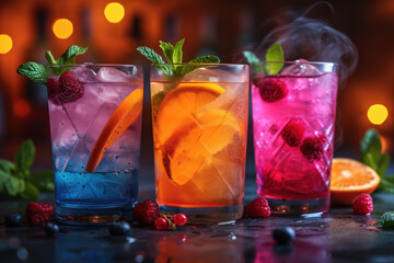 Refreshing alcoholic colorful fruit cocktails with ice, mint and berries on a bar counter, night club party with soft drinks
