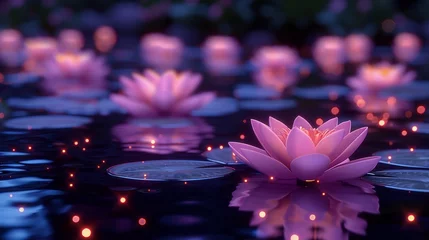 Foto op Canvas  A forest of lit candles by a body of water with floating water lilies © Janis