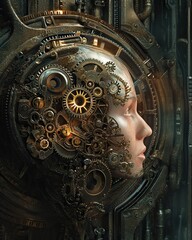 Conceptual image of Steampunk human head made of gears and cogwheels. Woman head partially transformed into a metallic vault, with gears and intricate mechanisms exposed. 