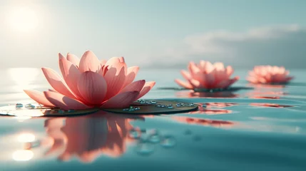 Foto op Canvas  A cluster of pink water lilies afloat on water beneath a sunny backdrop © Janis
