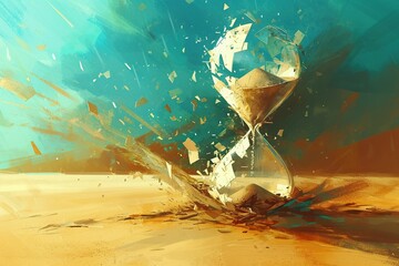 Hourglass broken into pieces. The concept of time passing. Hourglass on the sand in the desert. Shattered hourglass pouring lines of code instead of sand. The fragmented glass and floating code. - obrazy, fototapety, plakaty