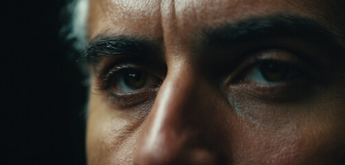 Naklejka premium Close-up face of a mature adult man, gray hair, eyes, evil eye,