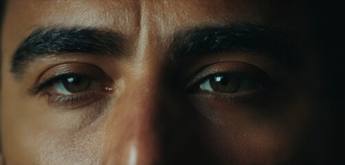 Close-up face of an adult man, dark hair, eyes, evil eye, reveng - obrazy, fototapety, plakaty