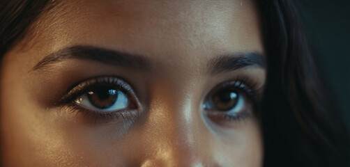 Close-up face of a teenage girl, dark hair, eyes, evil eye, reve - obrazy, fototapety, plakaty
