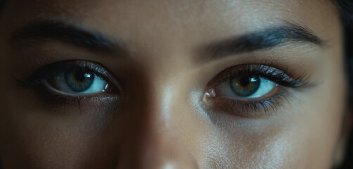 Close-up face of an adult woman, dark hair, eyes, evil eye, reve