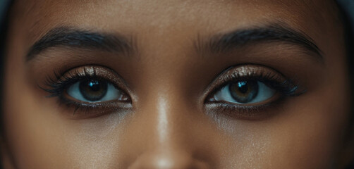 Close-up face of a teenage girl, dark hair, eyes, evil eye, reve