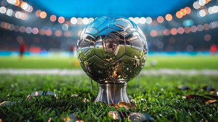 football golden trophy resting on stadium grass